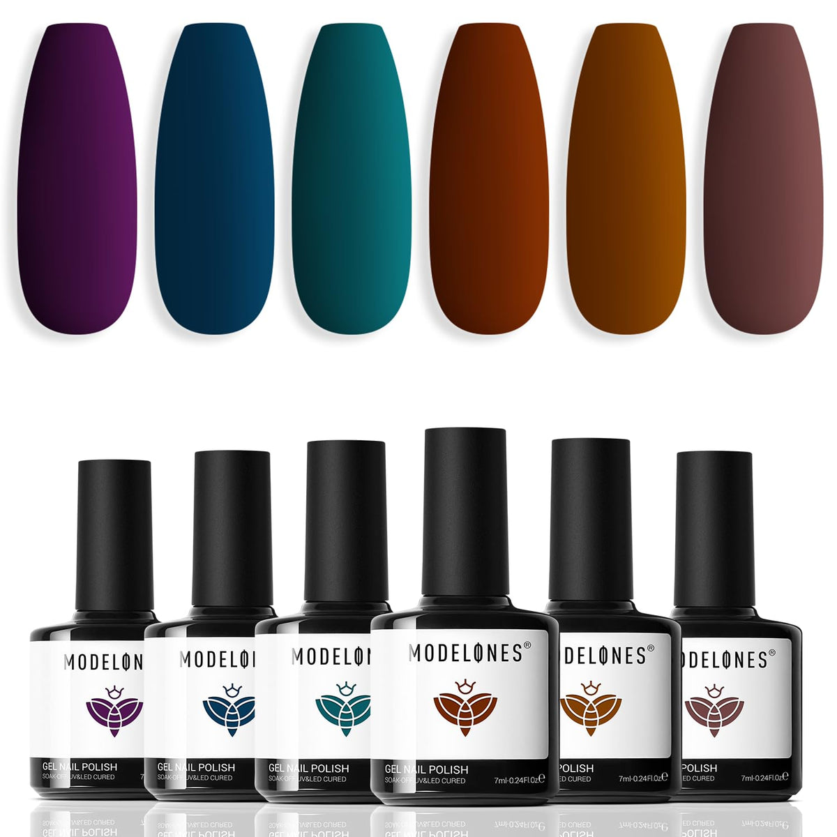 Modelones gel nail polish set with six colors for chic fall and winter nails.