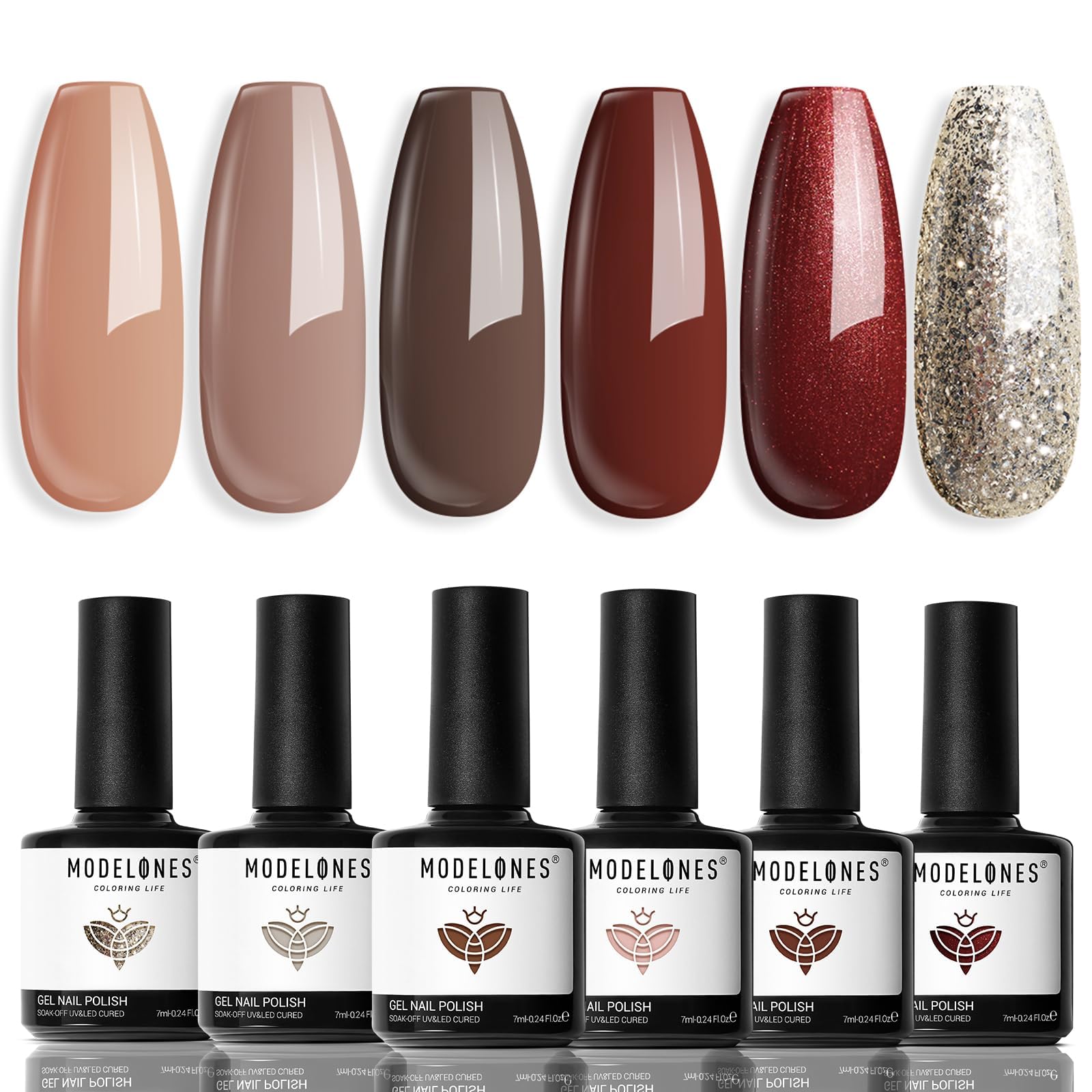 Modelones gel nail polish set six colors swatches for versatile DIY nail designs.