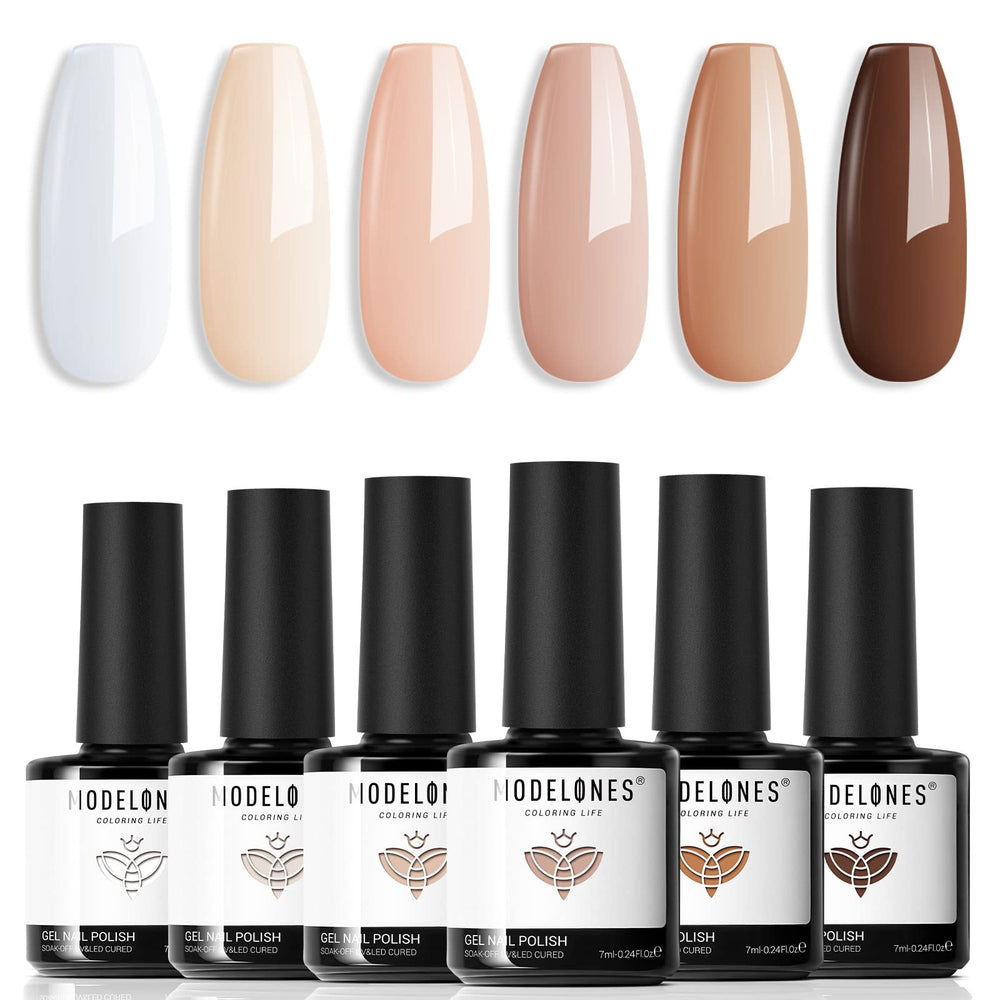 Modelones gel nail polish set six colors white-nude-brown palette for long-lasting fall-winter nails.