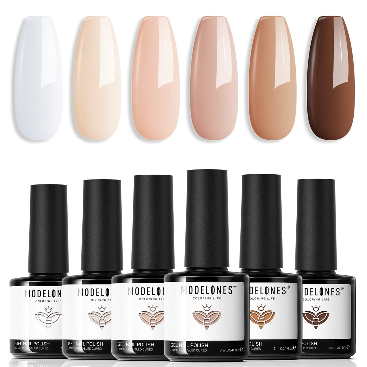 Modelones gel nail polish set six colors white-nude-brown palette for long-lasting fall-winter nails.