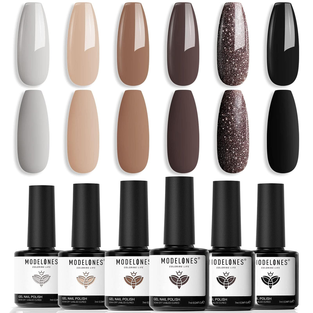 Modelones gel nail polish set bottles arranged on desk for at-home manicure.