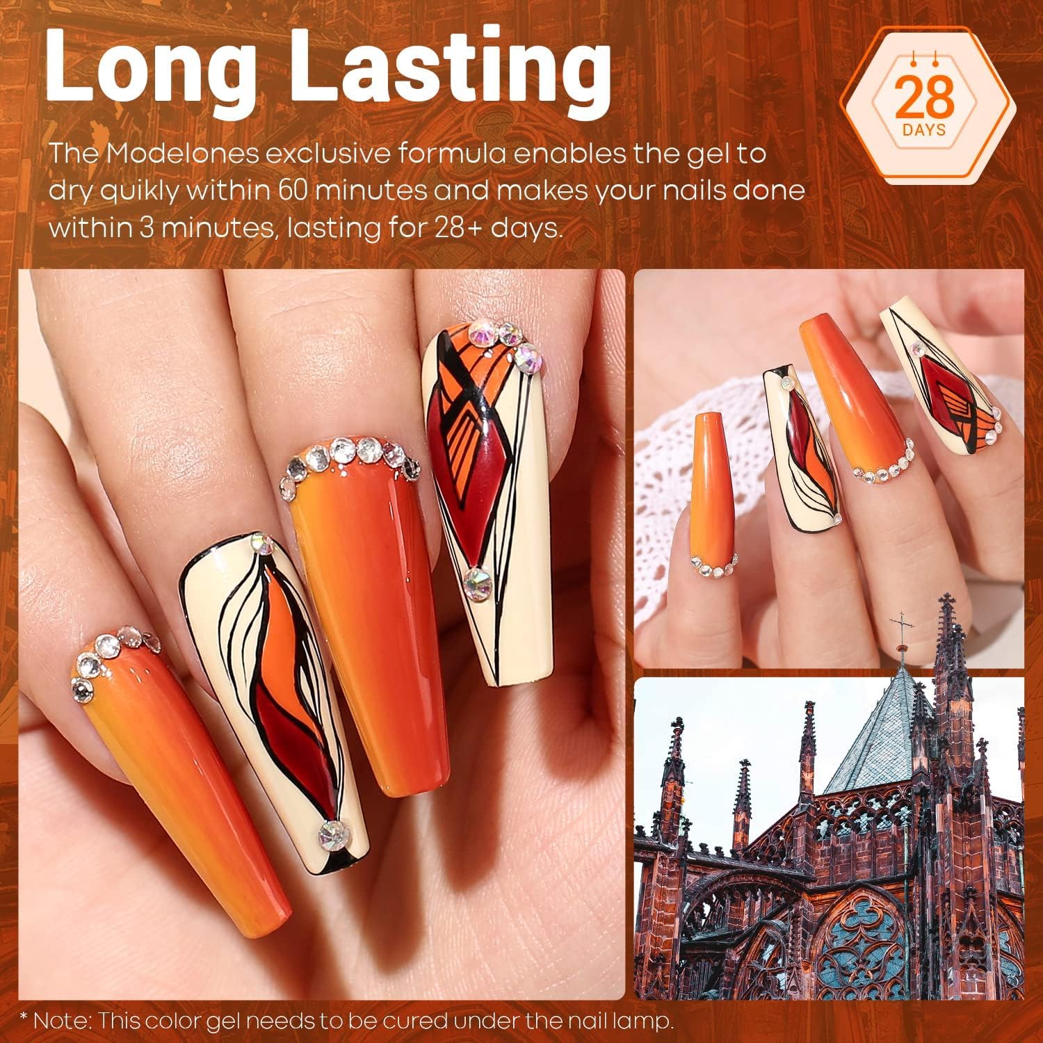 Modelones gel polish bottle orange close-up highlights warm pumpkin tone.