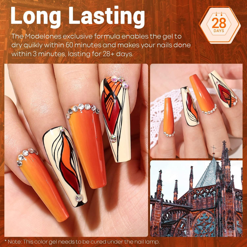 Modelones gel polish bottle orange close-up highlights warm pumpkin tone.