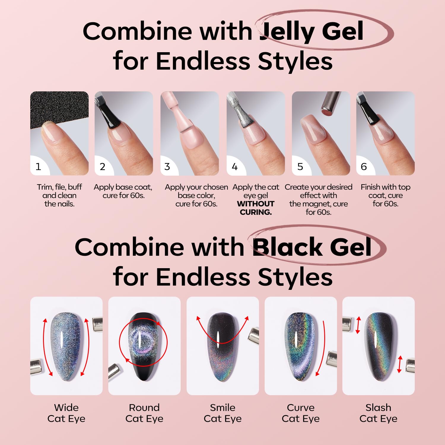 Modelones translucent pink cat eye polish under light reveals color-shift shimmer.