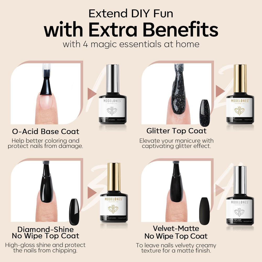 Modelones glossy top coat delivers a high-shine, long-lasting finish.