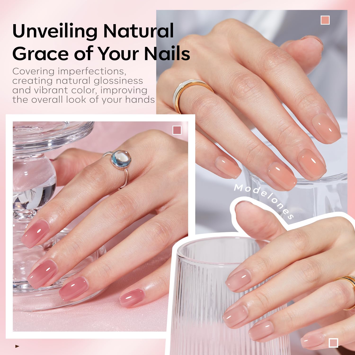 Modelones clear jelly polish provides sheer, buildable coverage with a high-gloss finish.