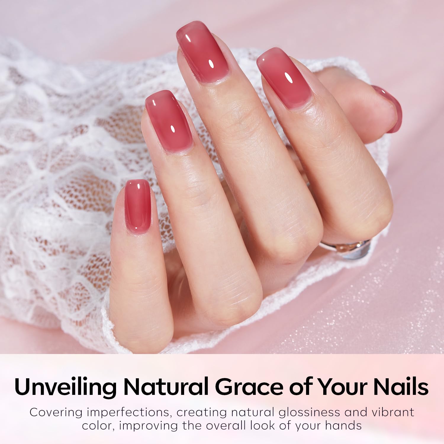 Modelones jelly brown shade helps create a warm, modern manicure with glossy translucence.