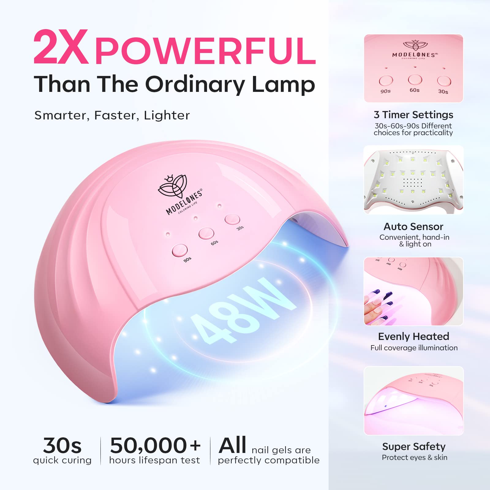 Modelones LED/UV dual-light source accelerates curing for a faster manicure session.