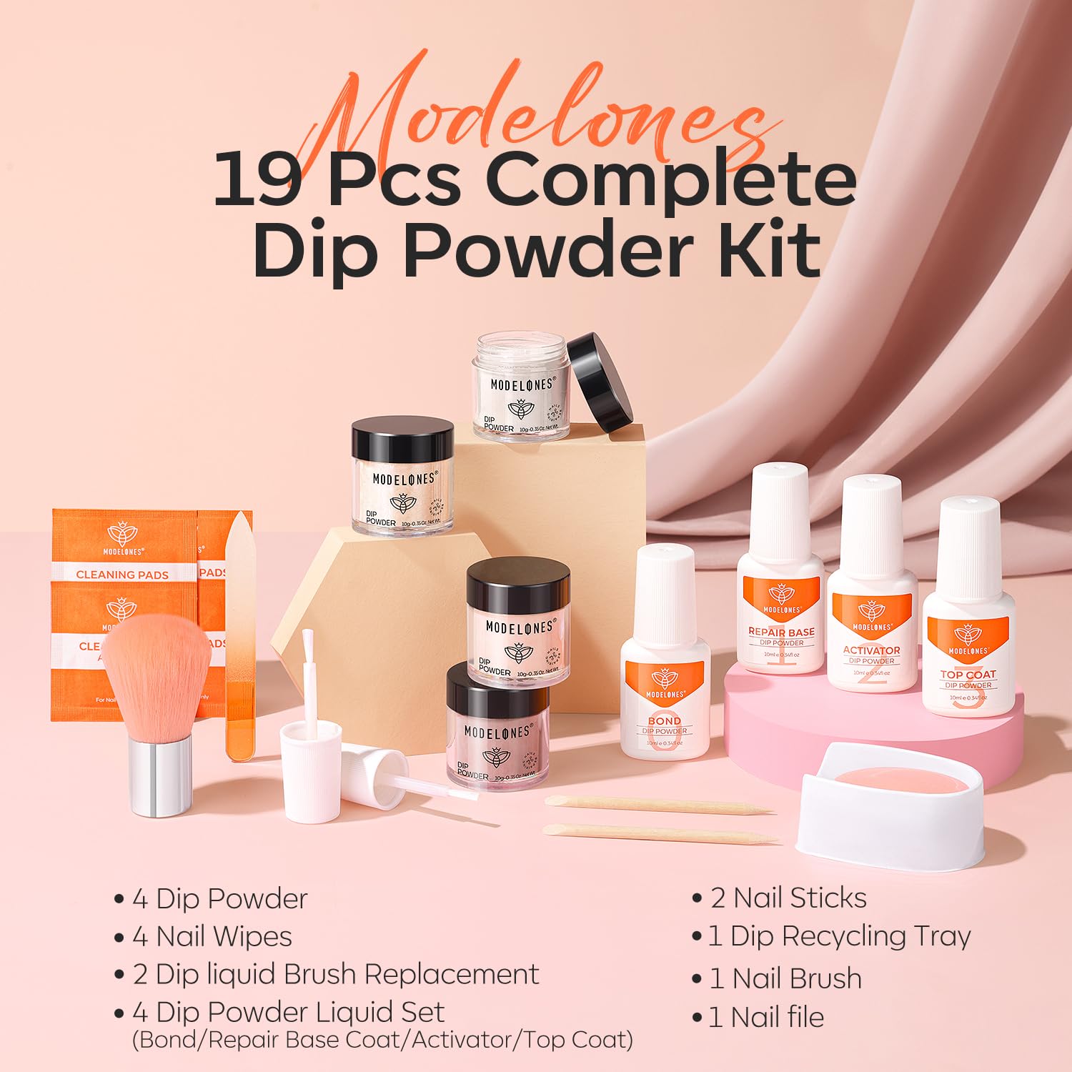 Modelones liquid set with bond, base, activator, top coat for durable color.