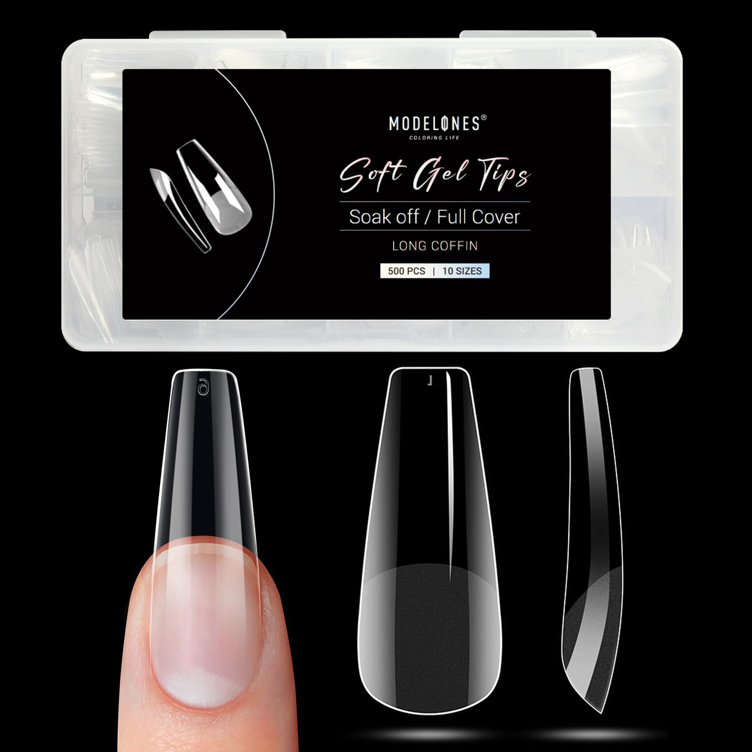Modelones long coffin nail tips packaging shows 500-piece set for at-home manicure