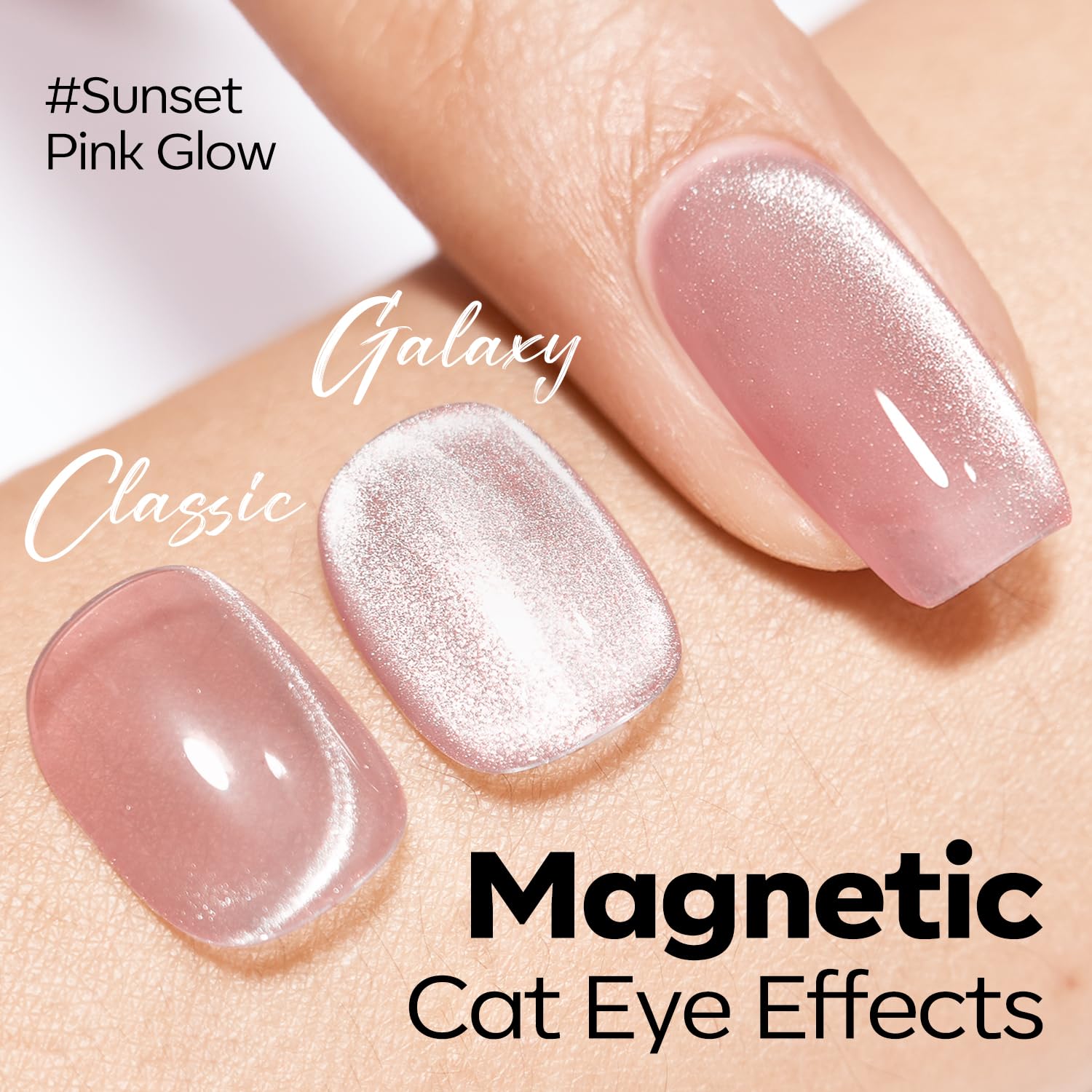 Modelones magnetic top coat closeup highlights cat eye shimmer and reflective effect.
