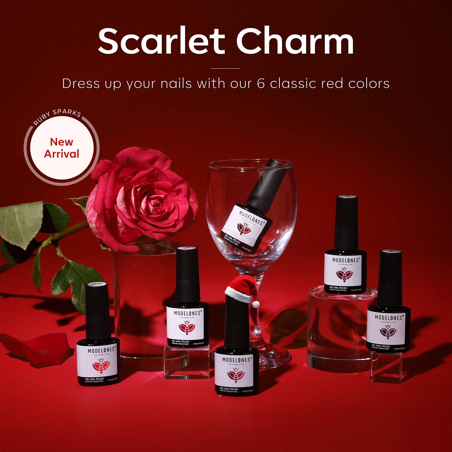 Modelones manicure close-up in glossy red for bold style