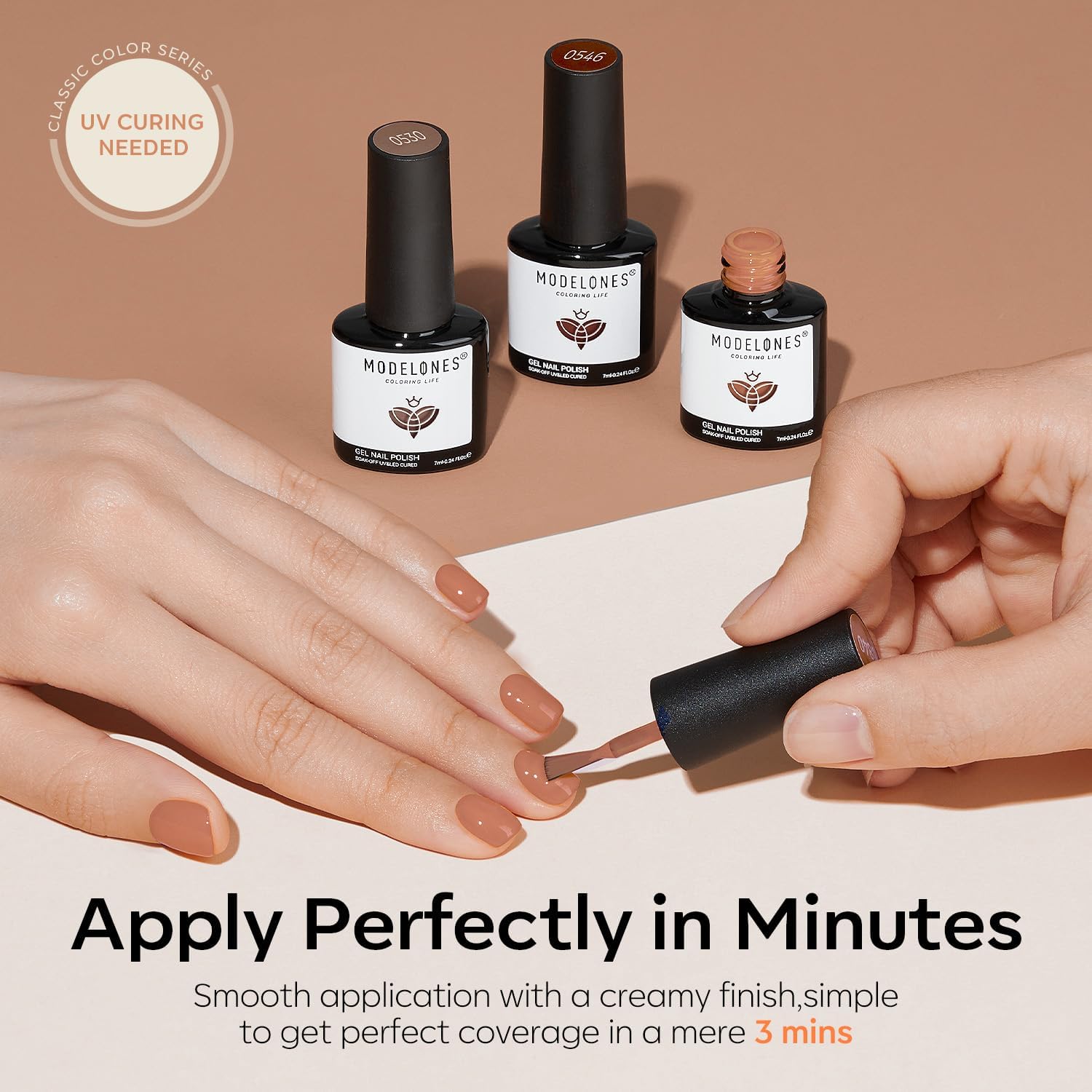 Modelones matte top coat creates a chic, velvety look.