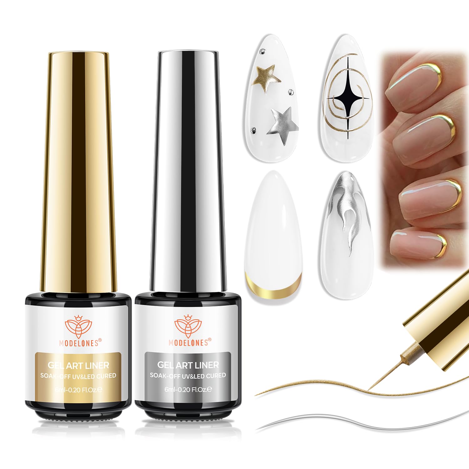 Modelones metallic gold-silver gel liner set for chic nail art designs.