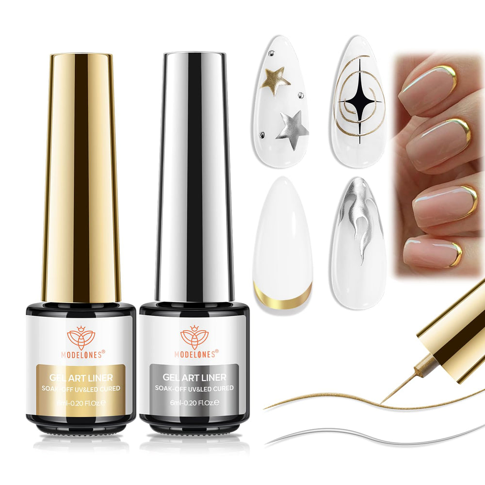 Modelones metallic gold-silver gel liner set for chic nail art designs.