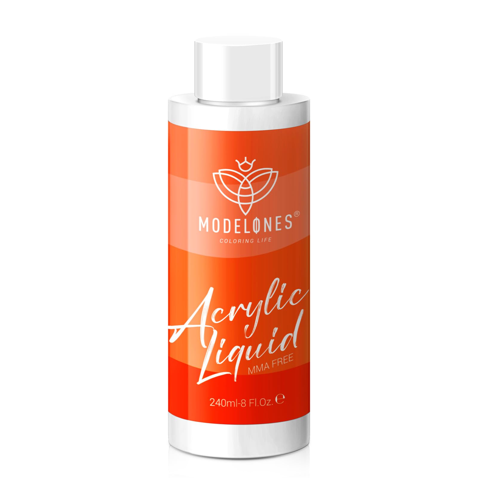 Modelones monomer liquid bottle close-up highlights MMA-free formula for safer nails.