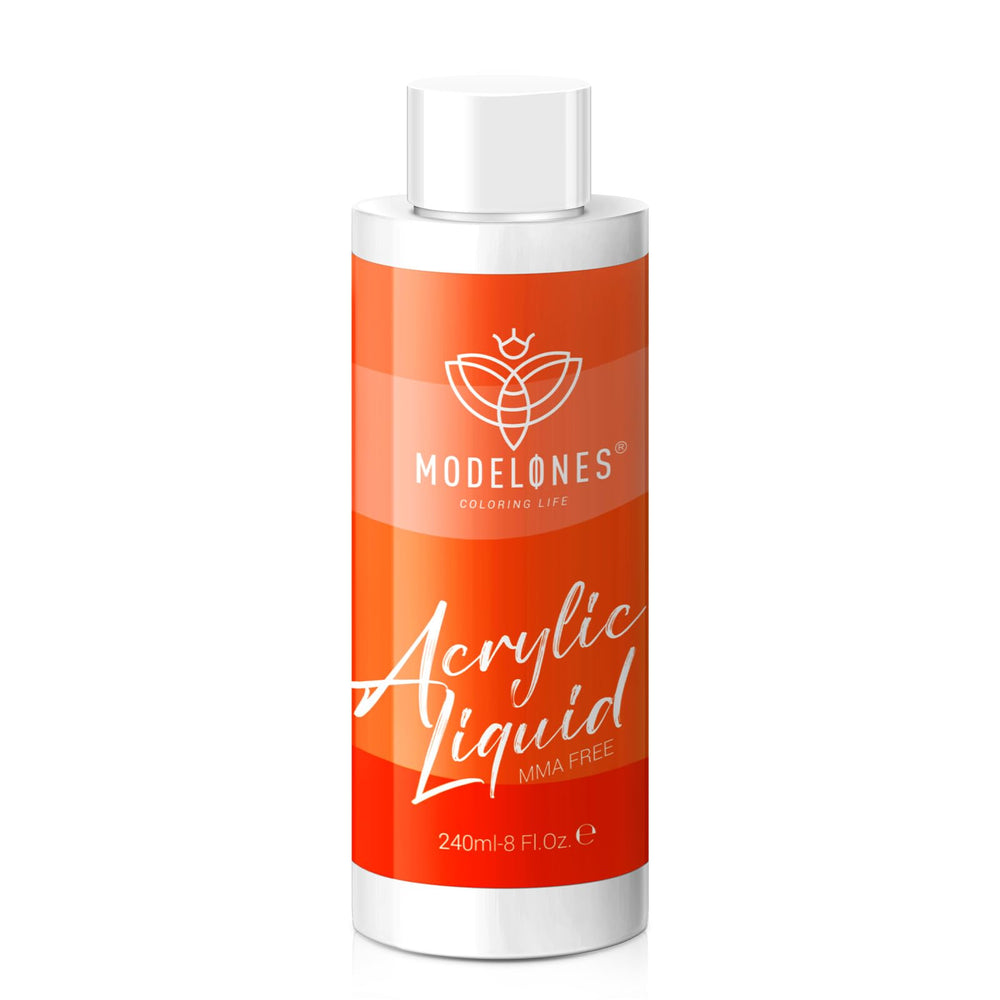 Modelones monomer liquid bottle close-up highlights MMA-free formula for safer nails.