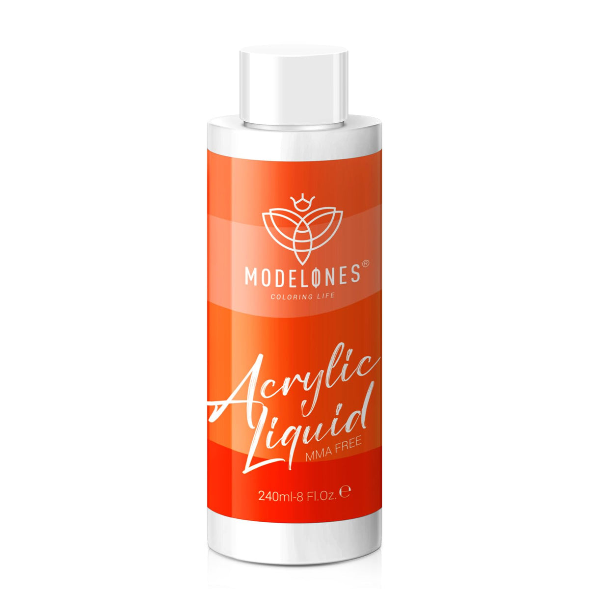 Modelones monomer liquid bottle close-up highlights MMA-free formula for safer nails.