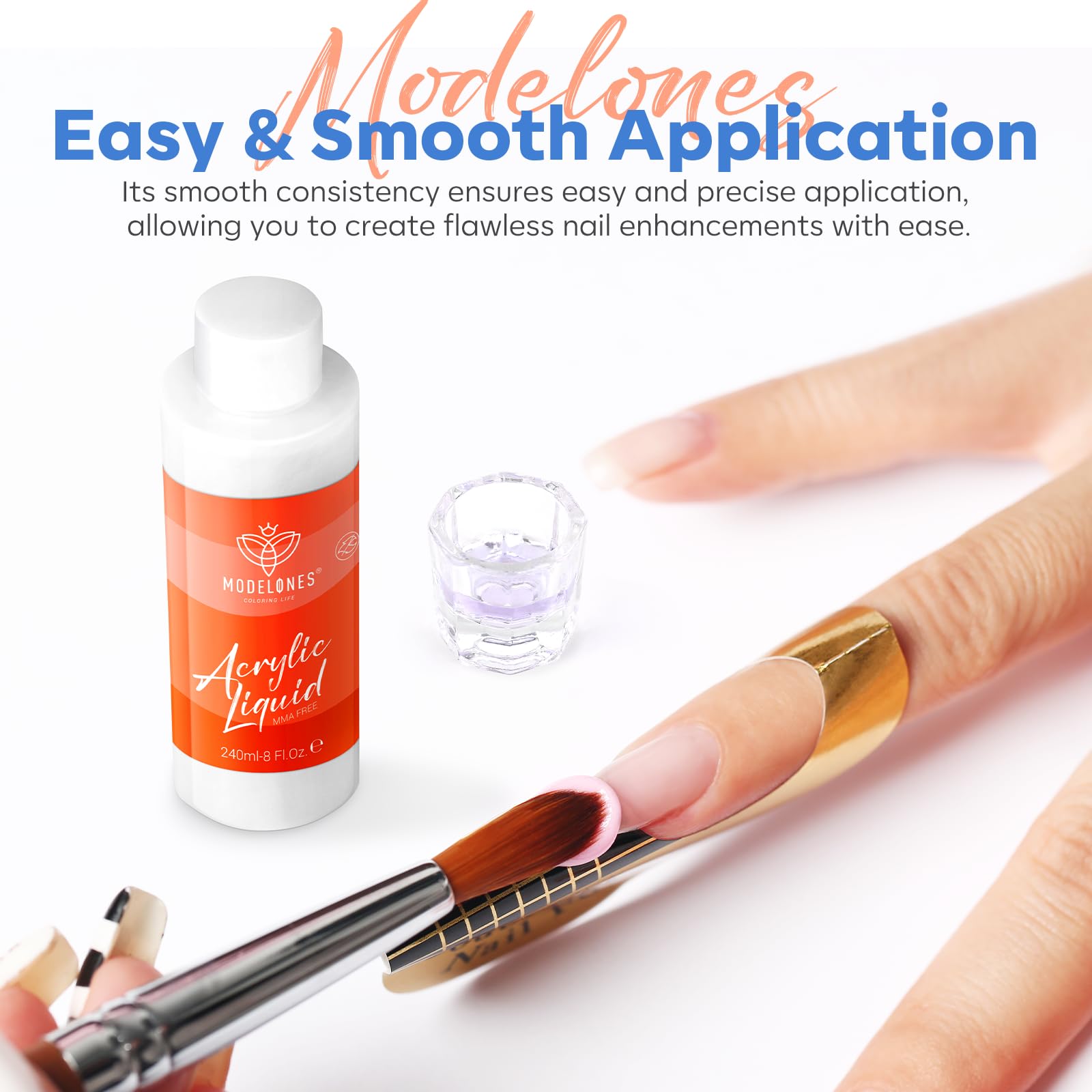 Modelones monomer liquid in a DIY nails scene for home manicures.