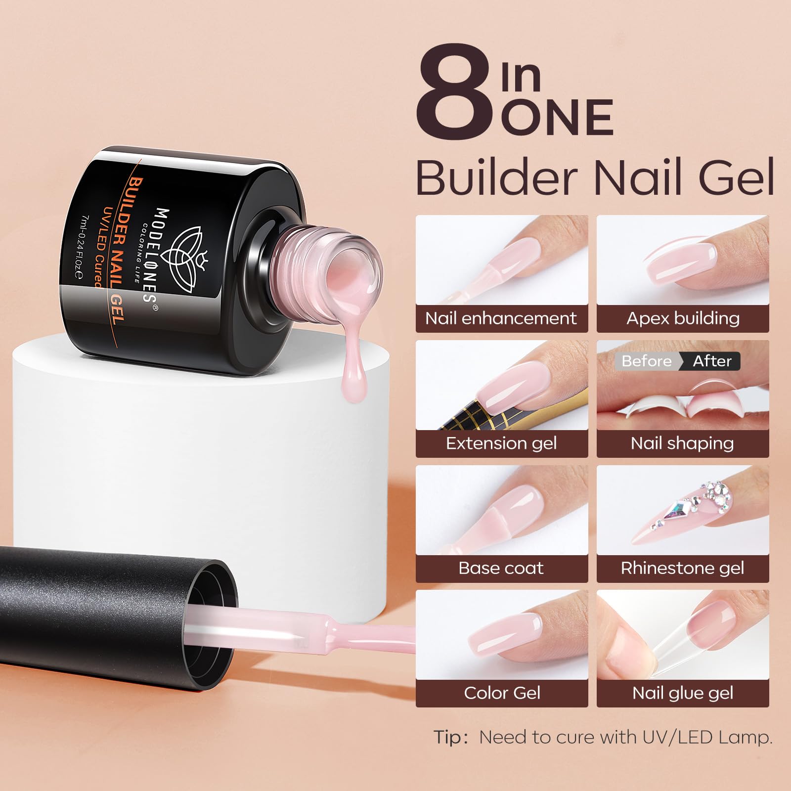 Modelones nails with tips and gems attached using builder gel