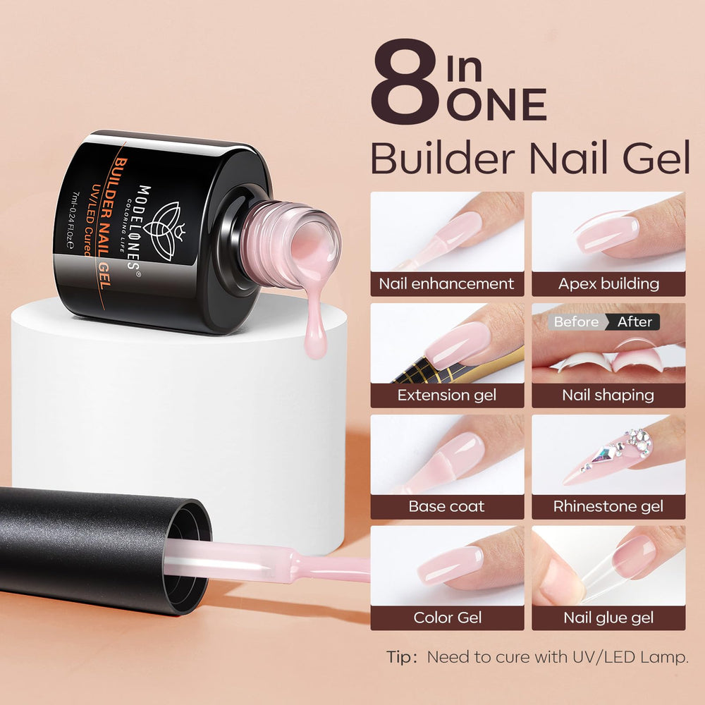 Modelones nails with tips and gems attached using builder gel
