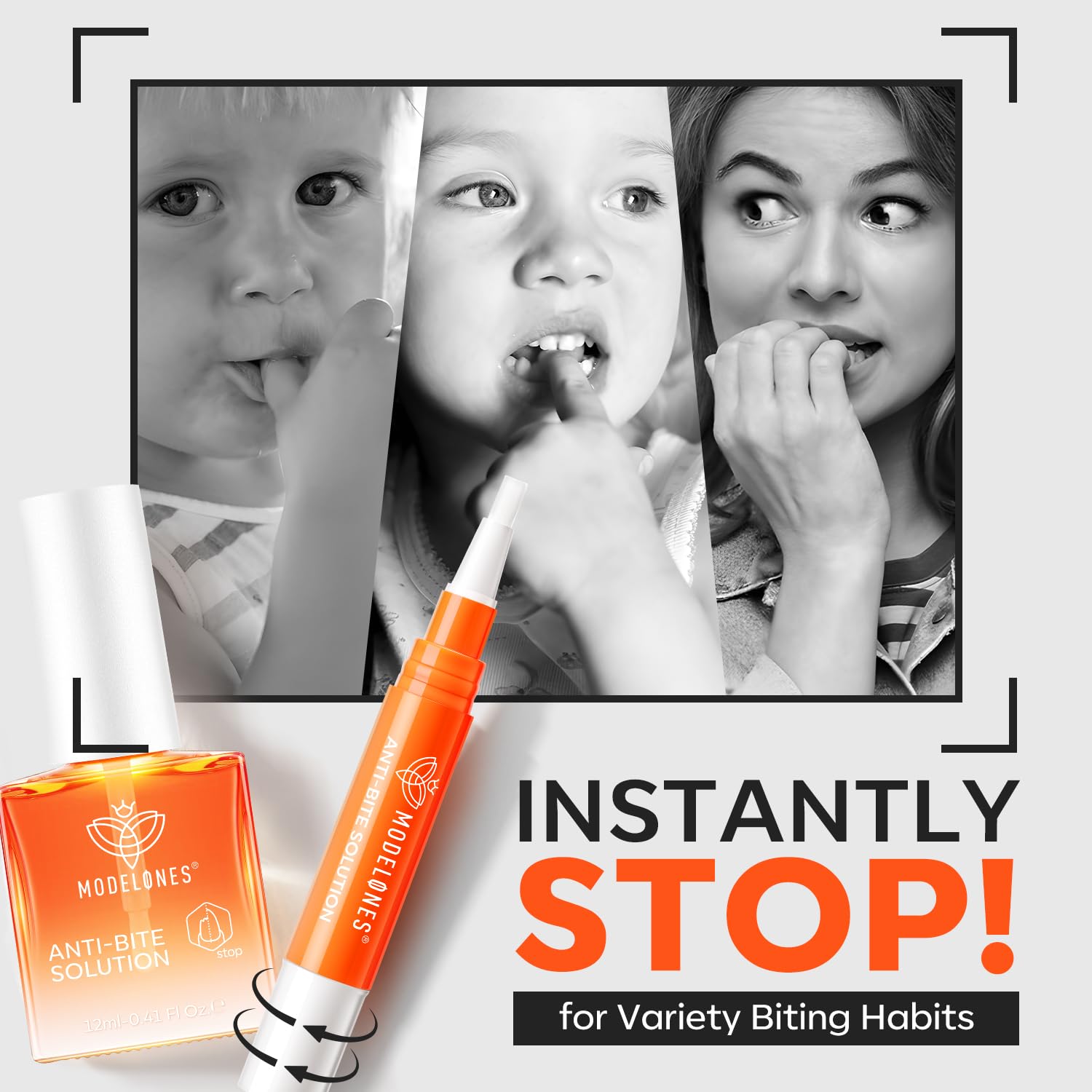 Modelones nail biting polish for kids shows a kid friendly bottle and long lasting deterrent