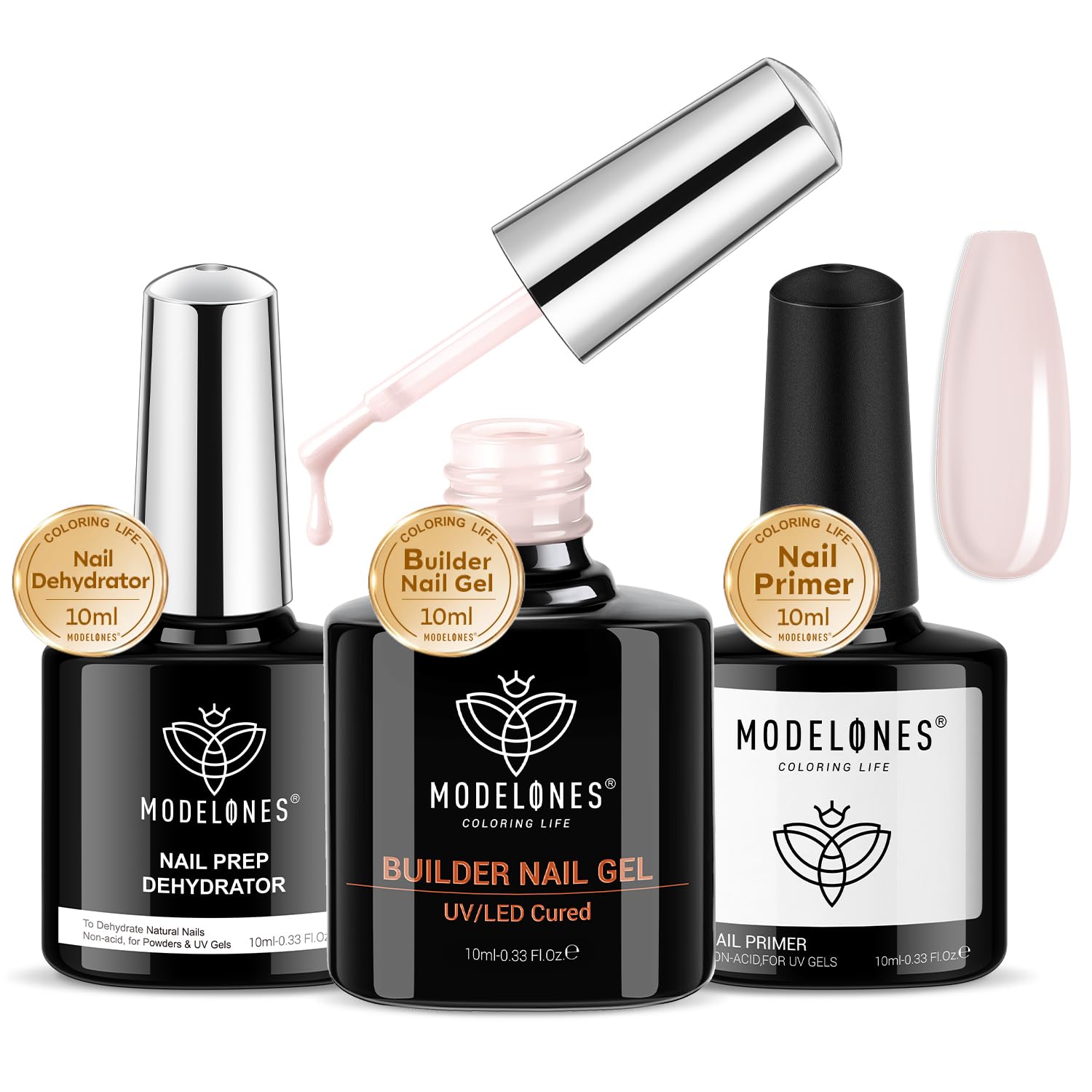 Modelones nail dehydrator bottle closeup — enhances adhesion for longer wear.