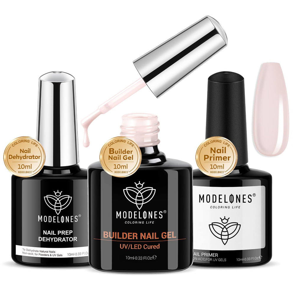 Modelones nail dehydrator bottle closeup — enhances adhesion for longer wear.