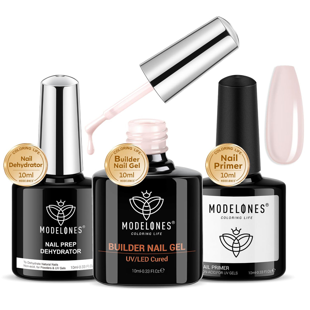 Modelones nail dehydrator bottle closeup — enhances adhesion for longer wear.