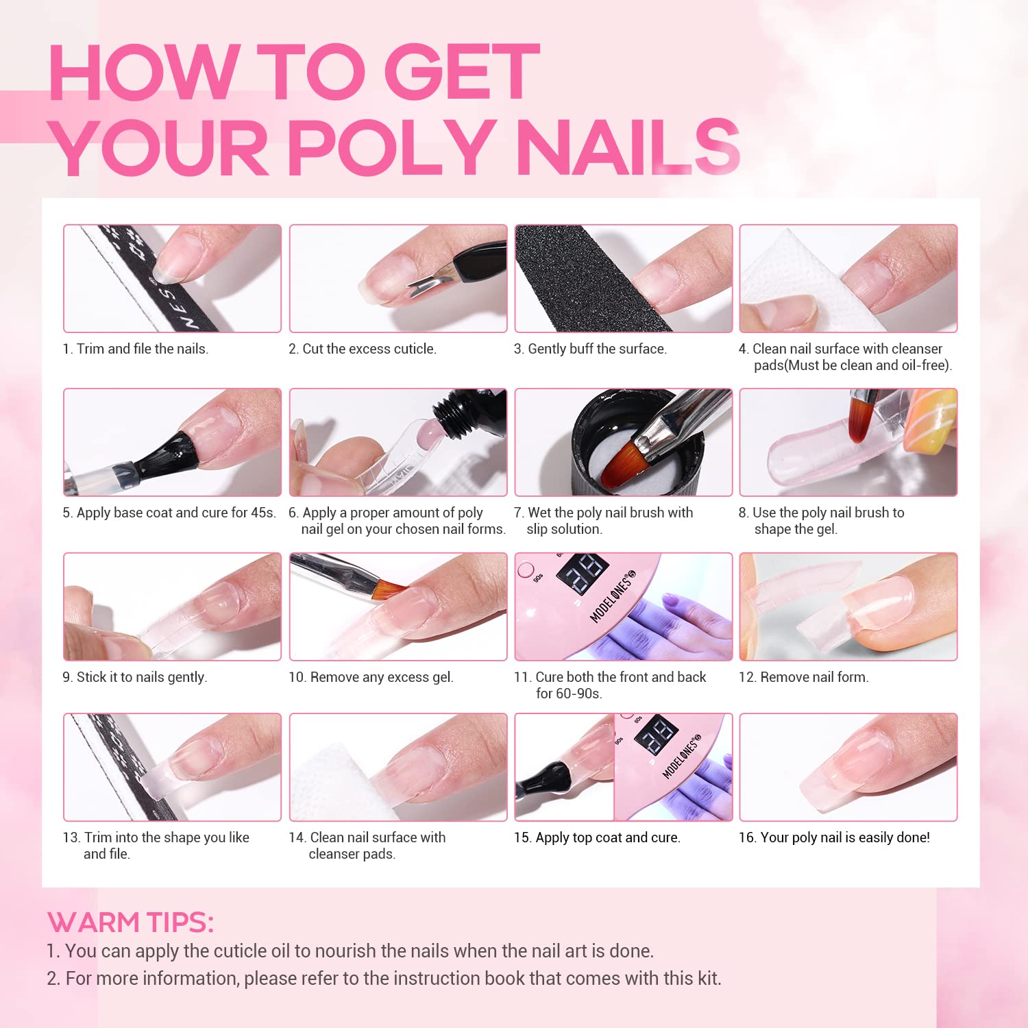 Modelones nail dust brush and gems simplify cleanup and embellishment.