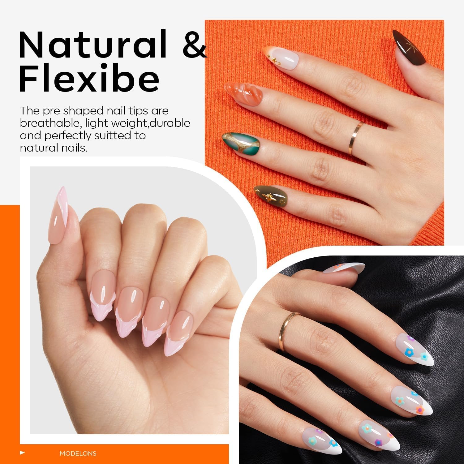 Modelones nail file smooths and shapes almond tips.