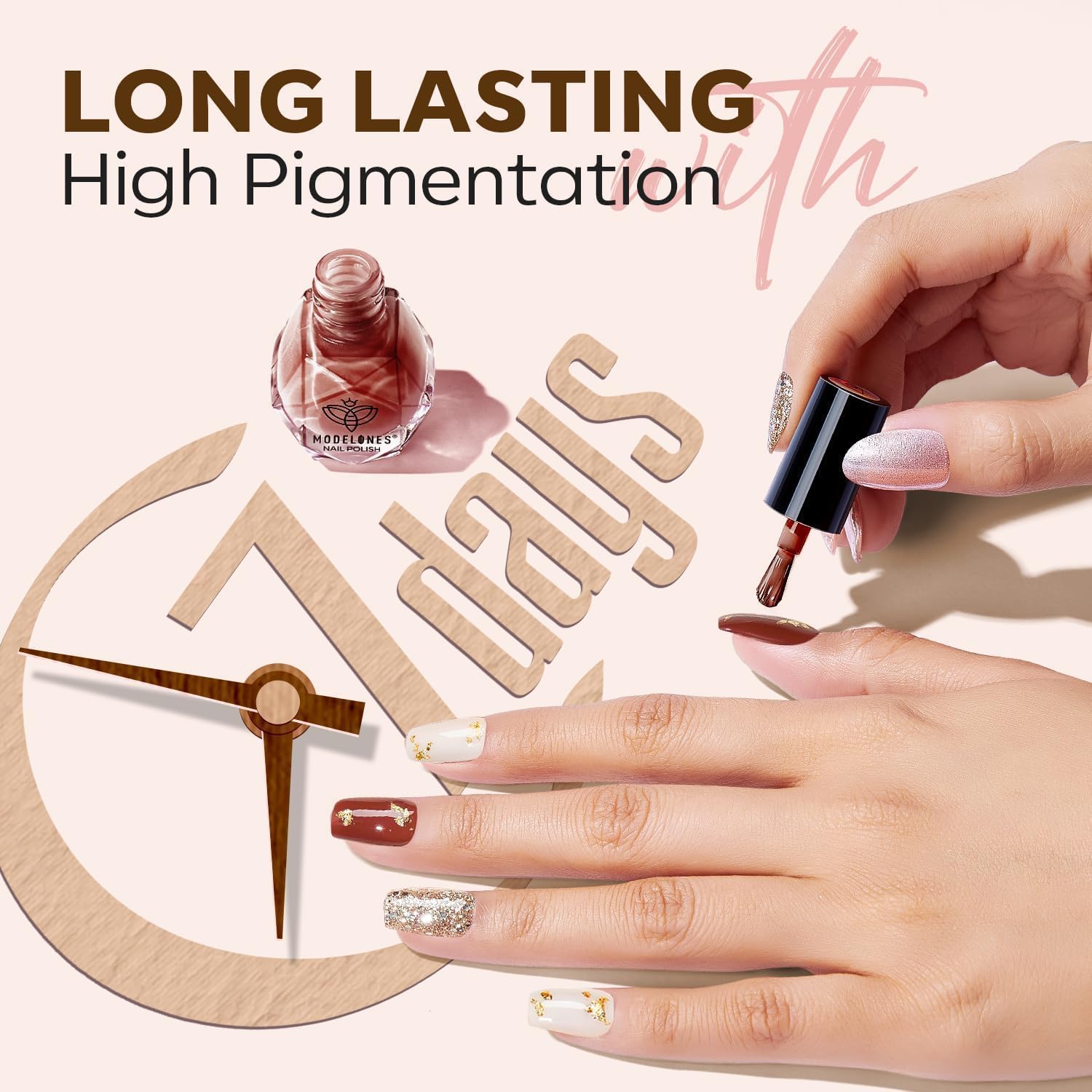 Modelones chip-resistant shine on nails in a natural manicure setup