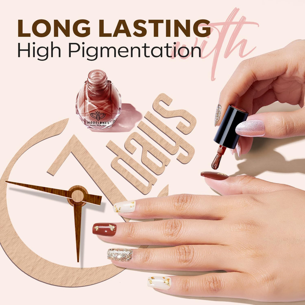 Modelones chip-resistant shine on nails in a natural manicure setup
