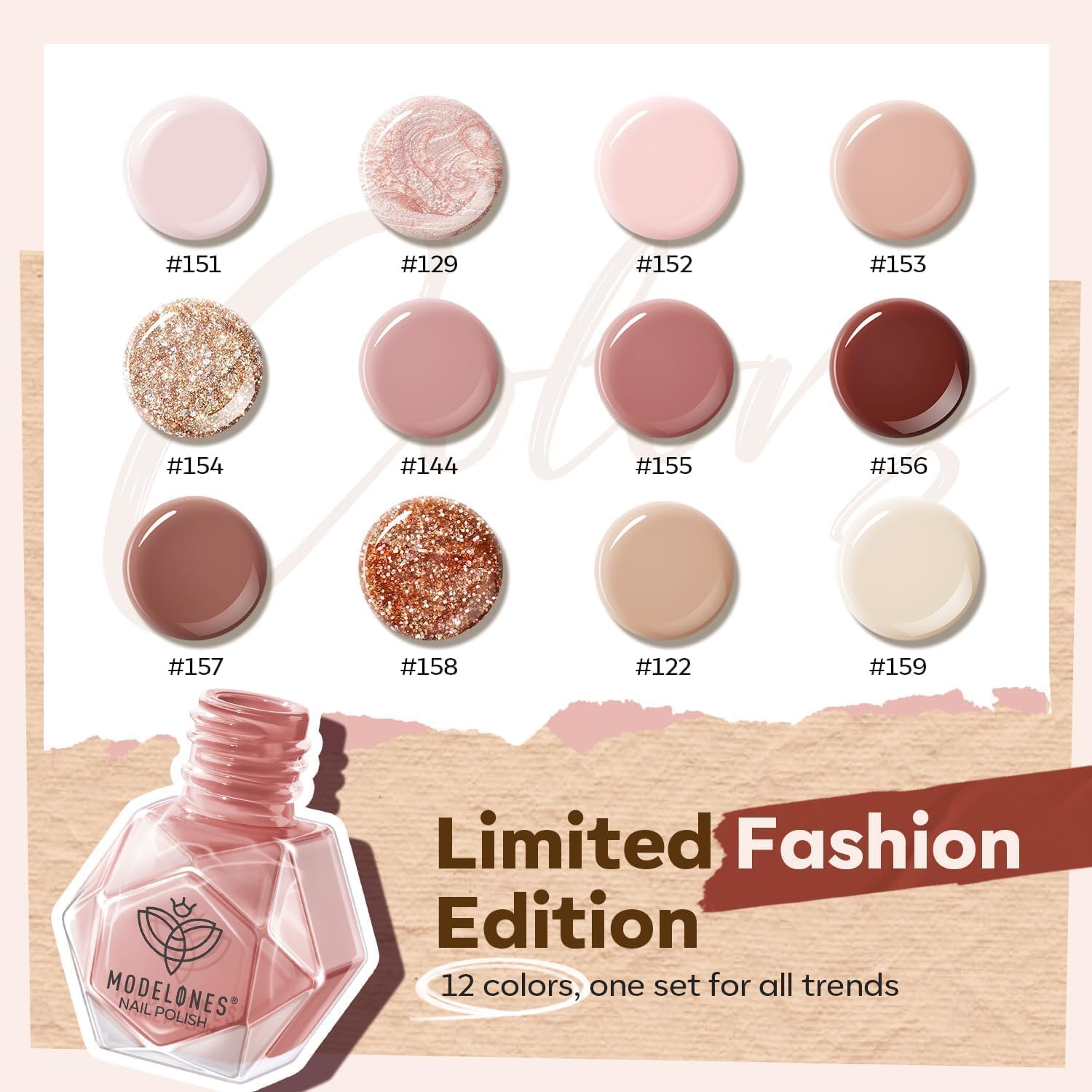 Modelones nude-pink shimmer bottle shows glossy finish for chic manis