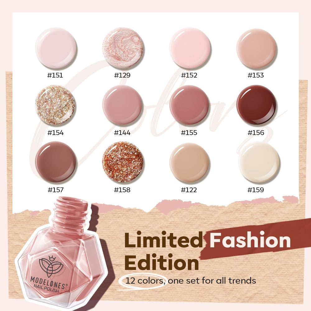 Modelones nude-pink shimmer bottle shows glossy finish for chic manis