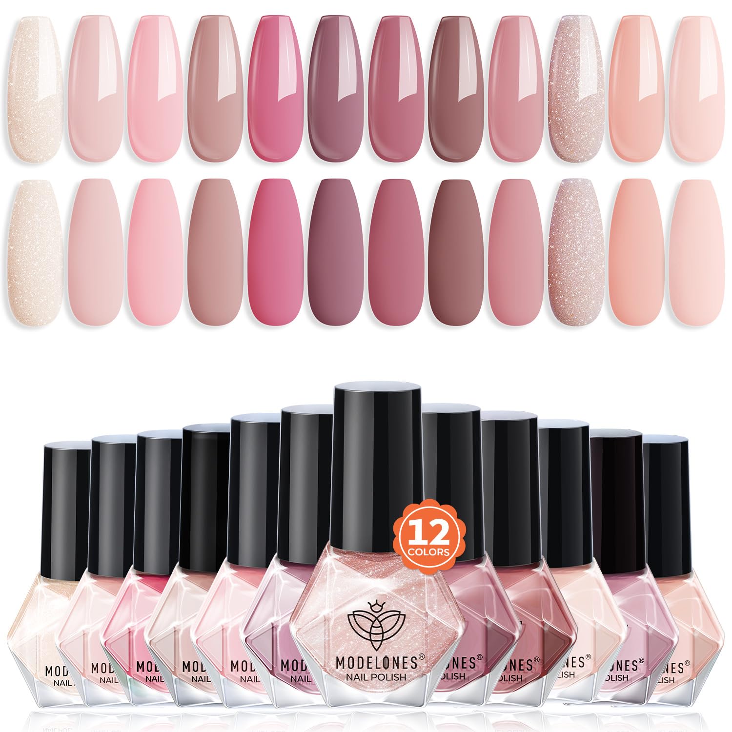 Modelones nail polish set 12 colors display shows nude to glitter shades for versatile everyday and party looks.