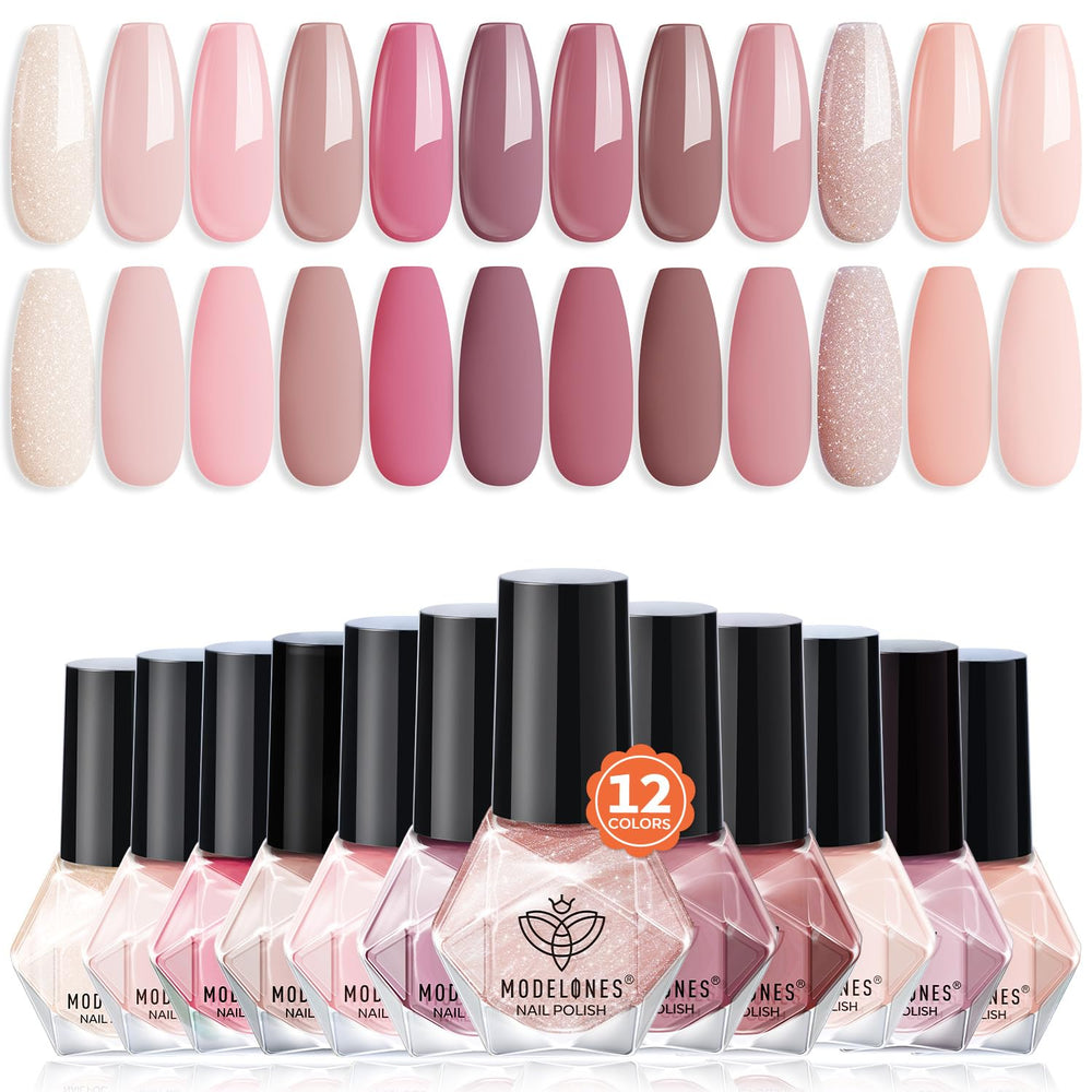 Modelones nail polish set 12 colors display shows nude to glitter shades for versatile everyday and party looks.