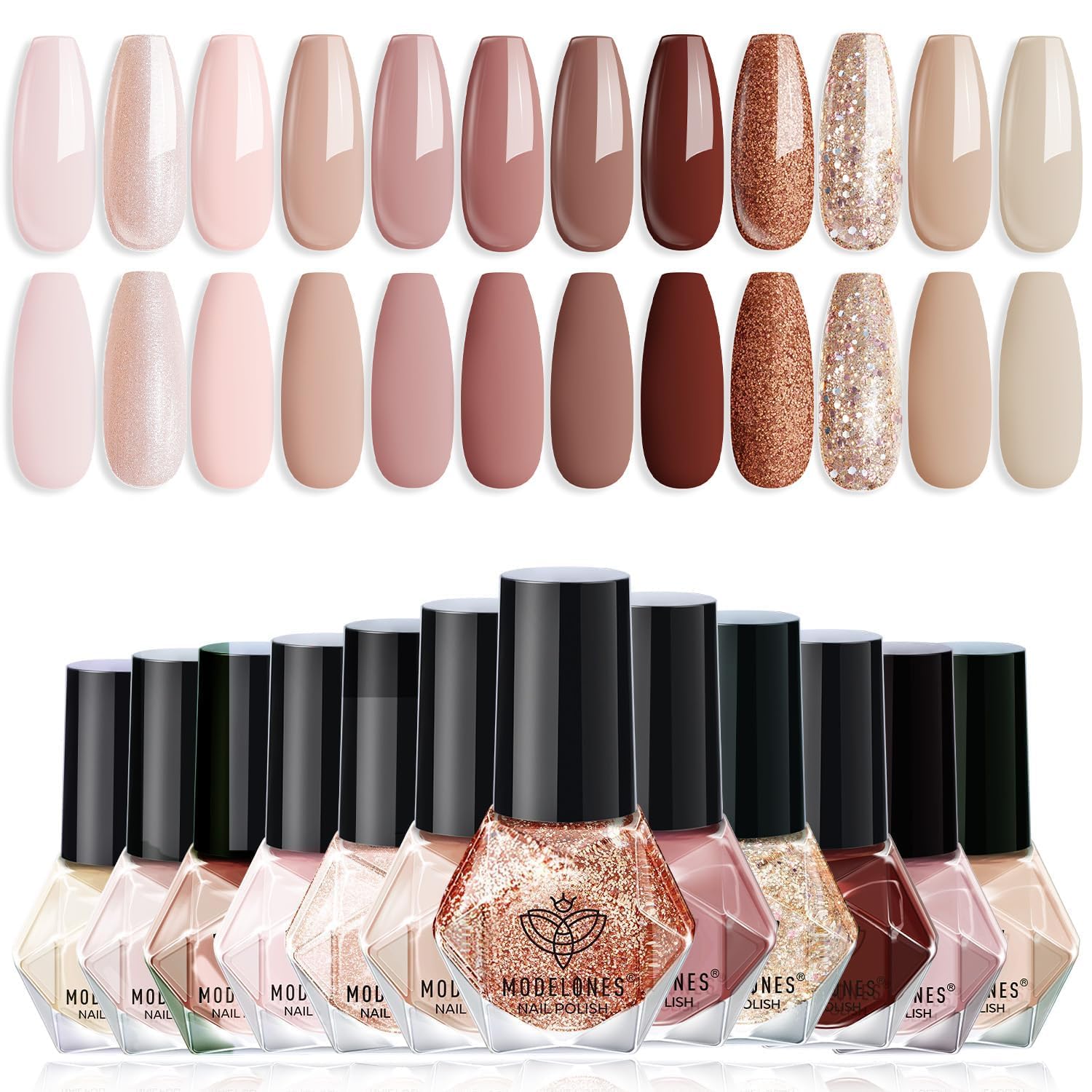 Modelones nail polish set 12 colors swatches show versatile nude to brown shades for daily wear