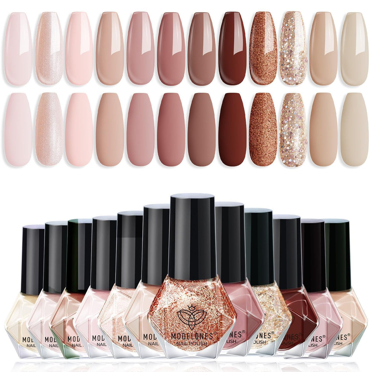 Modelones nail polish set 12 colors swatches show versatile nude to brown shades for daily wear