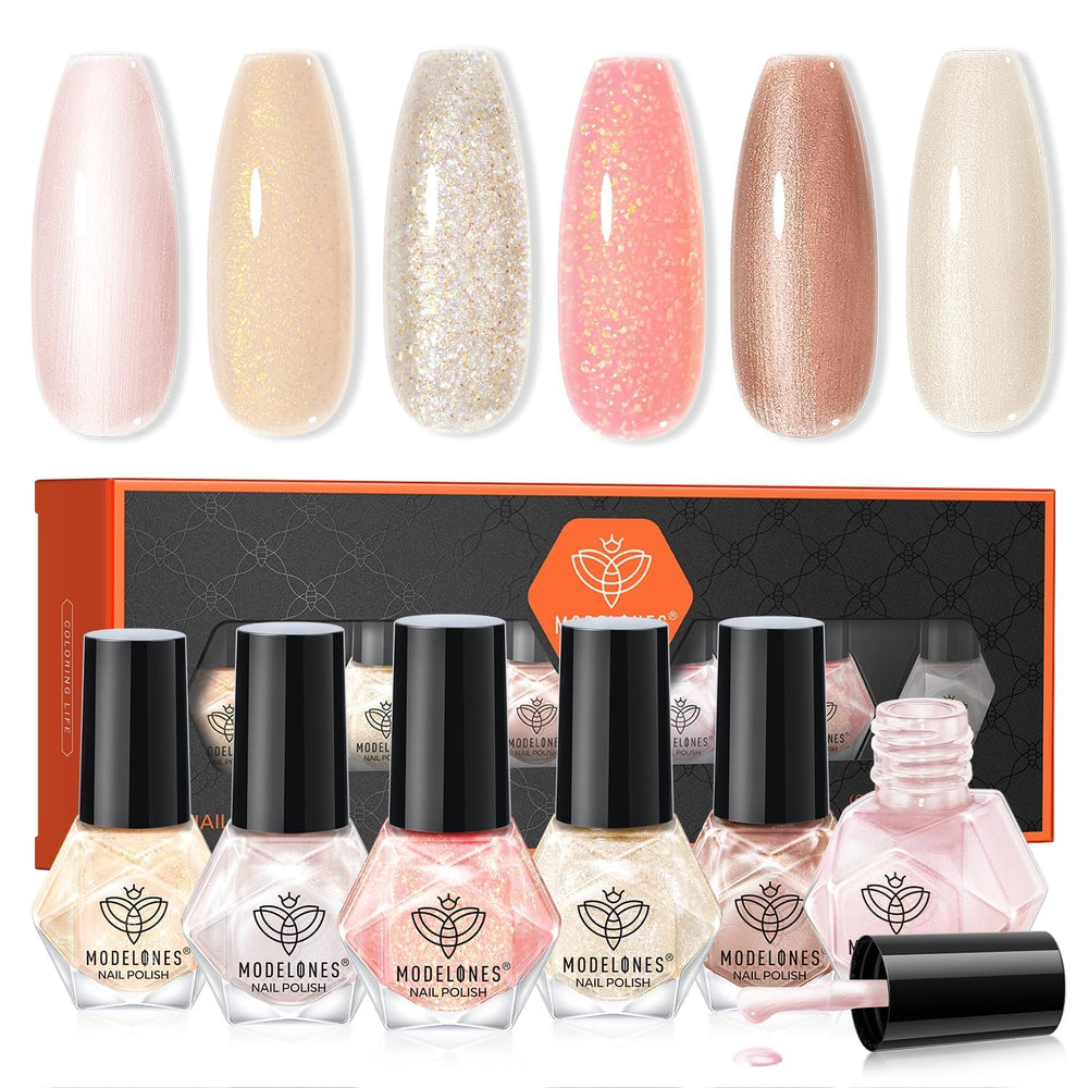 Modelones nail polish set pearl white image showcasing classic pearl finish for a wedding-ready look.