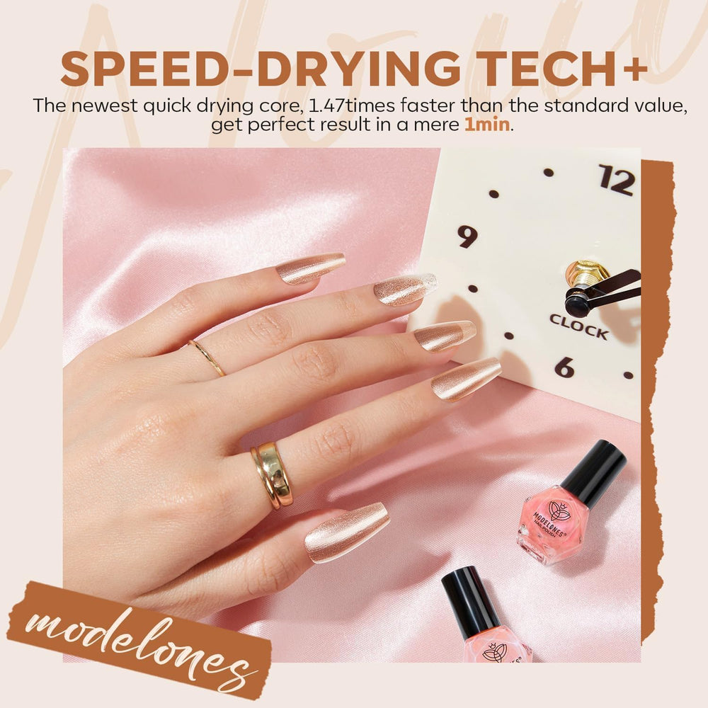 Modelones nail polish set quick-dry formula image emphasizing fast-drying nails in minutes.