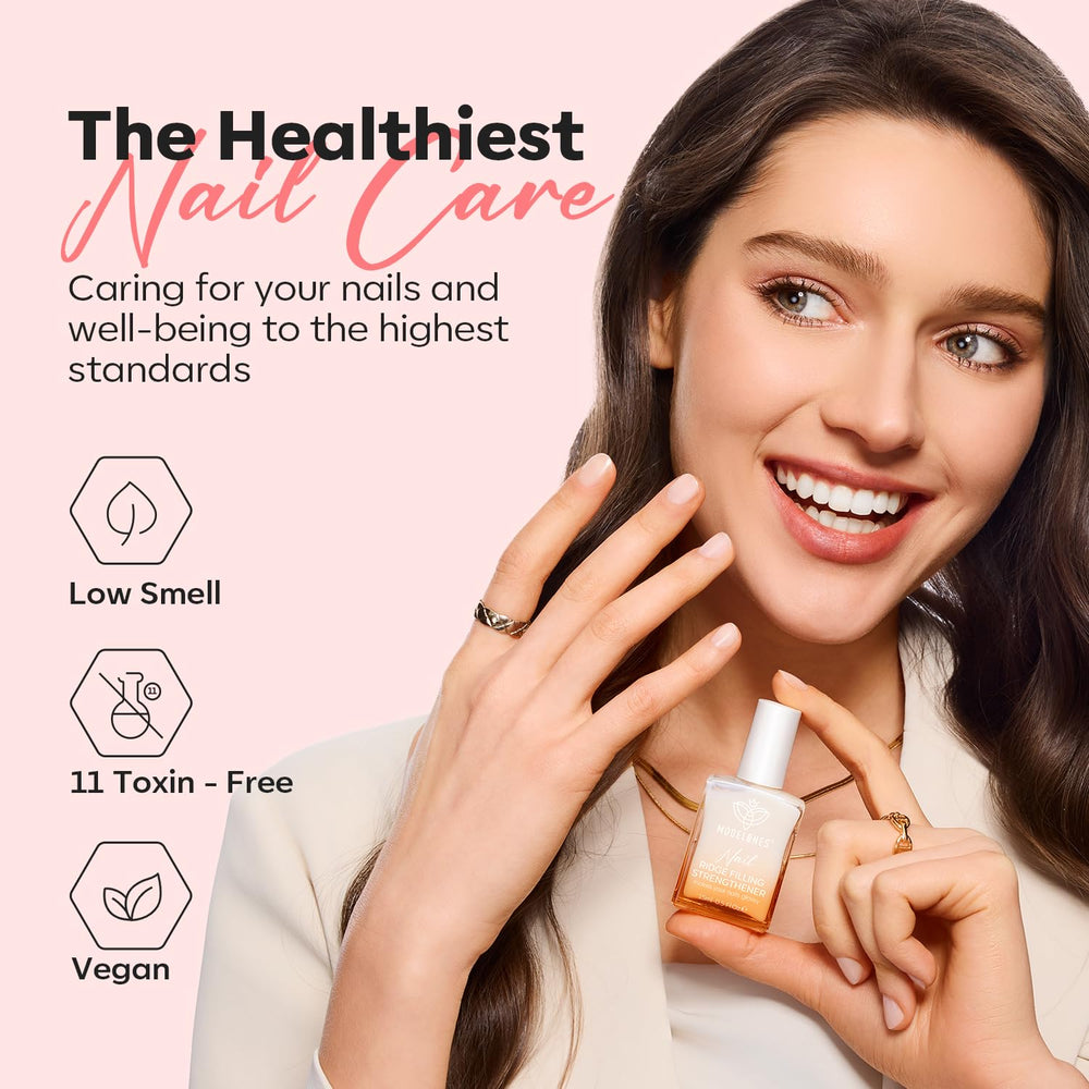Modelones glossy pink finish on nails suggesting healthy-looking results