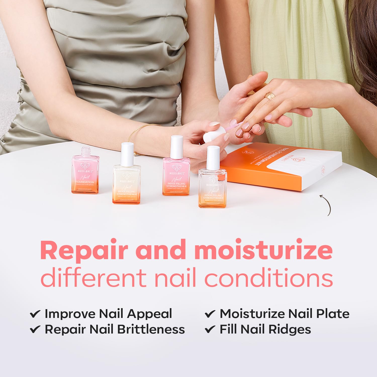 Modelones close-up on nails with natural shine and subtle glitter