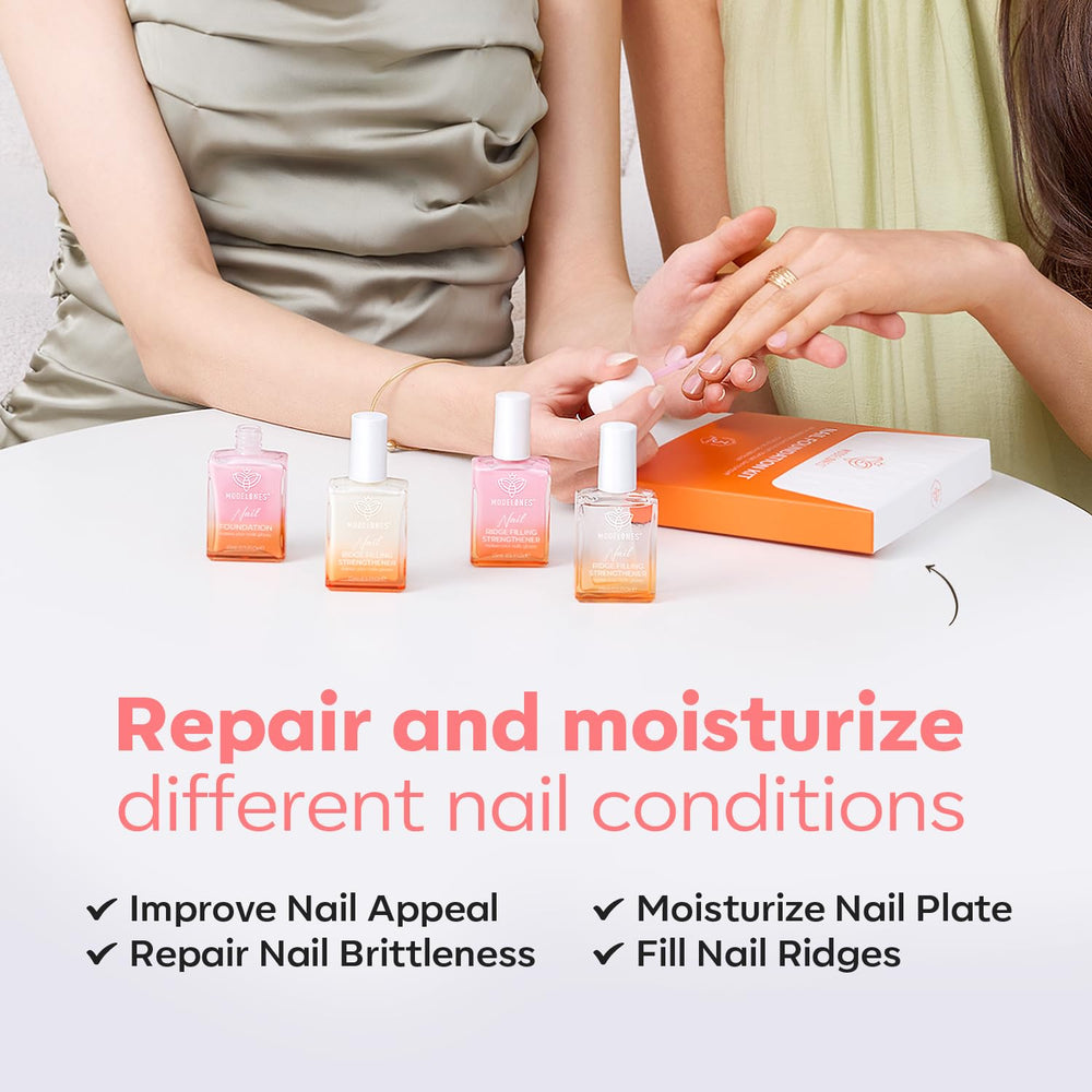 Modelones close-up on nails with natural shine and subtle glitter