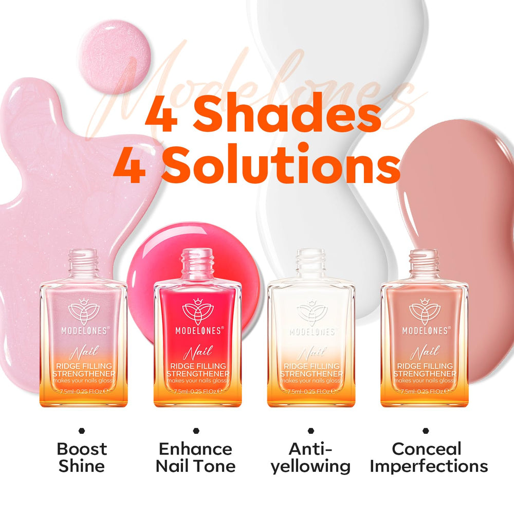 Modelones Nail Strengthener Kits glitter pink bottle provides subtle shimmer for everyday wear.