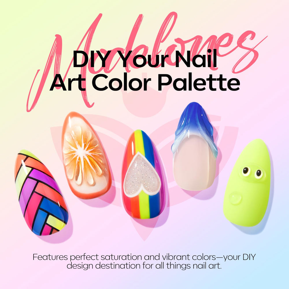 Modelones glitter accents add festive flair to any neon manicure.