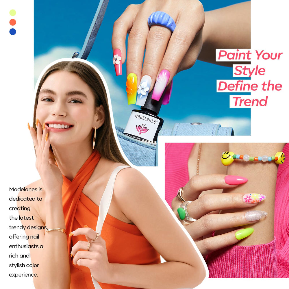 Modelones neon swatches show six vibrant hues for bold nail designs.