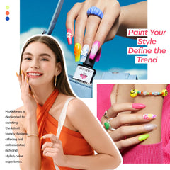 Modelones neon swatches show six vibrant hues for bold nail designs.