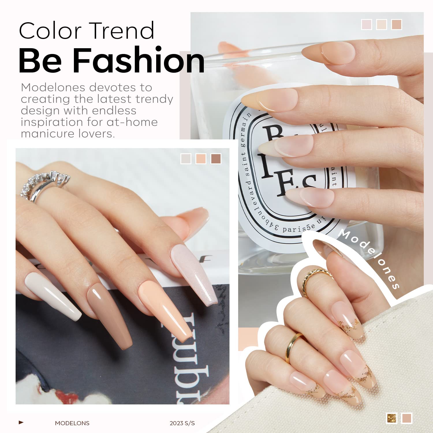 Modelones Nude Gel Nail Polish Set applying on nail highlights easy three-layer application.