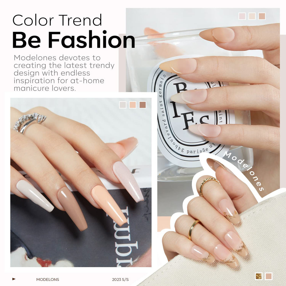 Modelones Nude Gel Nail Polish Set applying on nail highlights easy three-layer application.